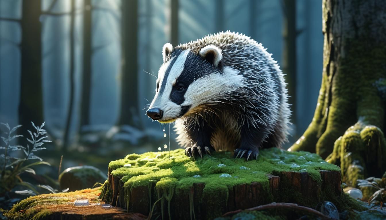 Frozen Badger Head in Forest: Hyperrealistic Wildlife Art