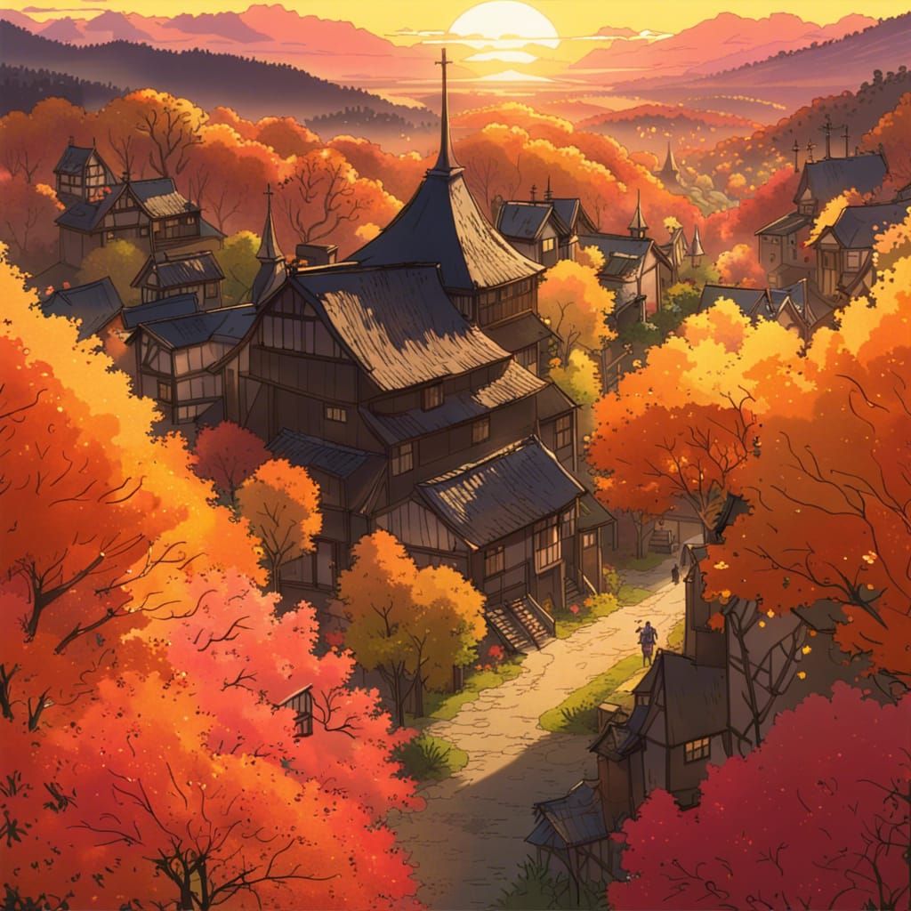 Fantasy Village Above Forest in Anime Style