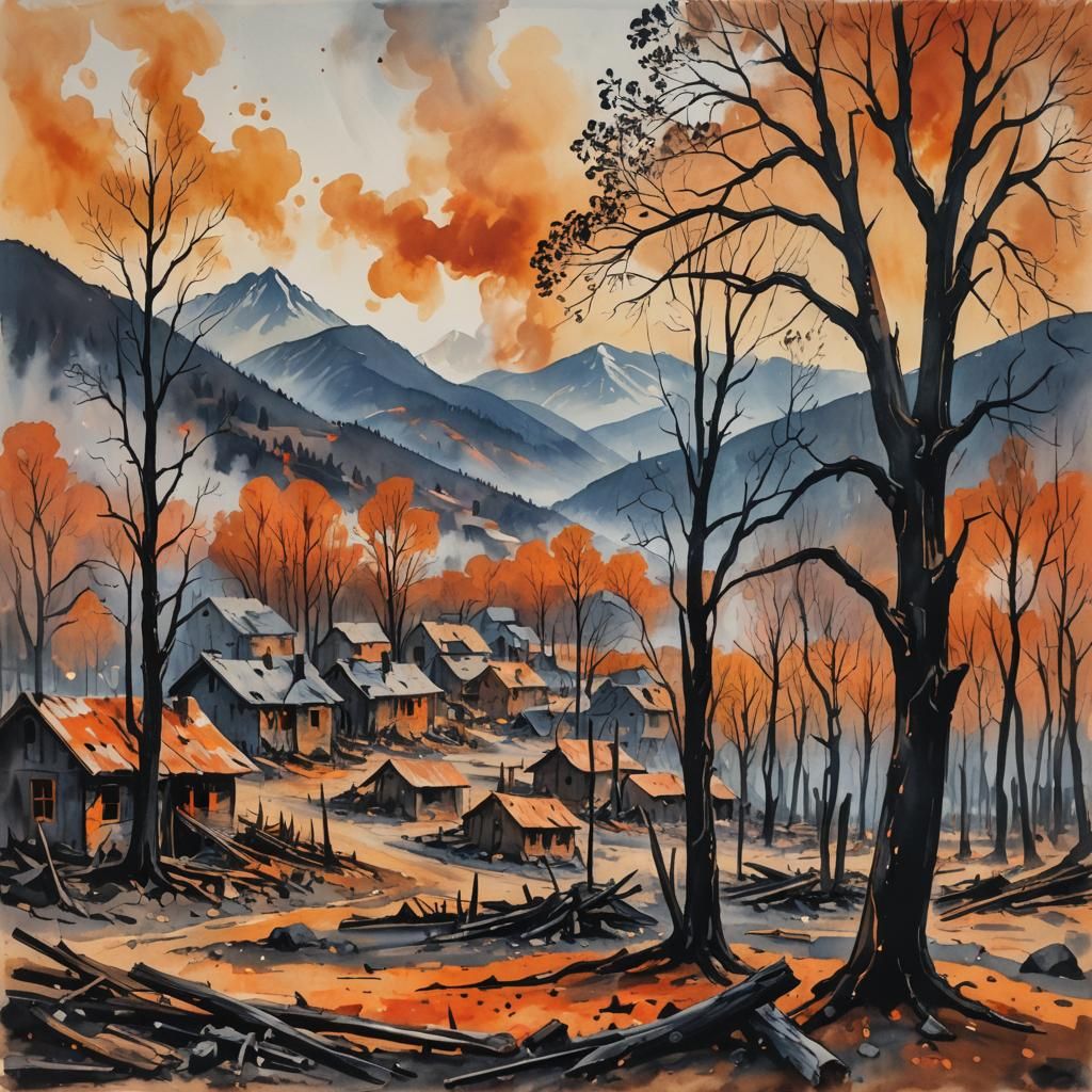 Village Destroyed by Fire: An Impressionist Gouache Painting