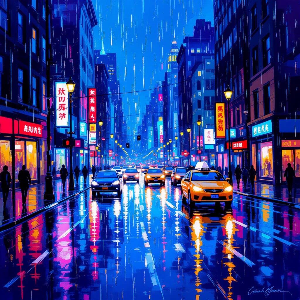 Vibrant City Rain Painting: Everyday Moments