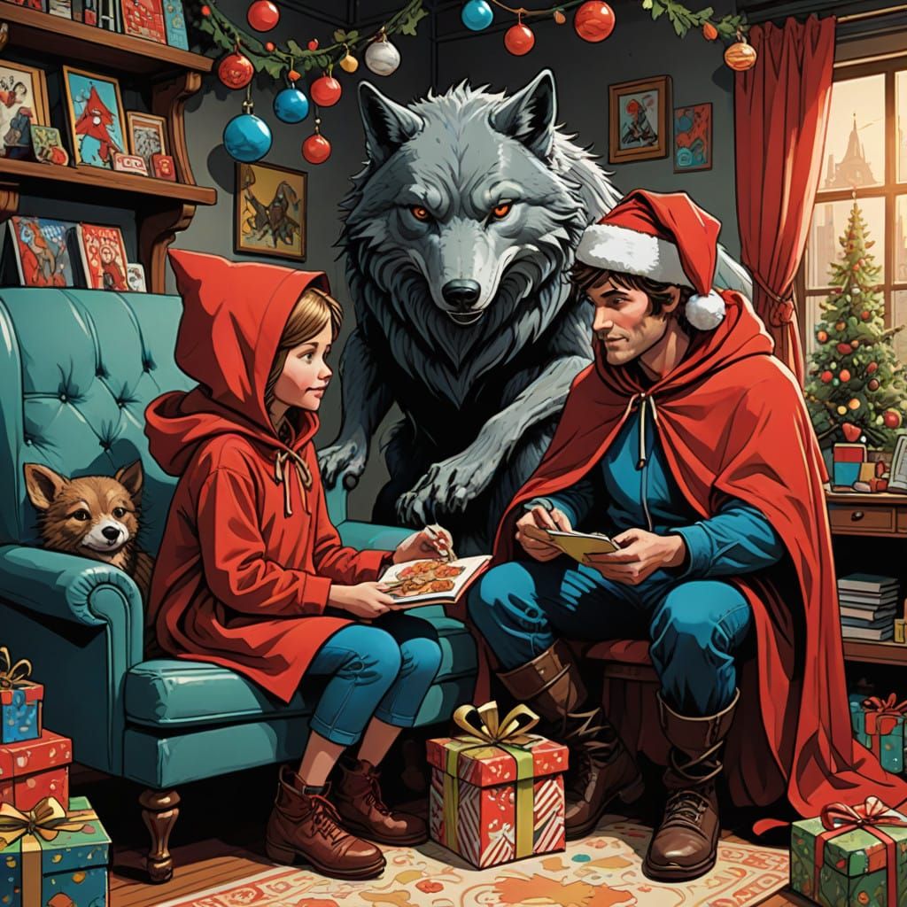 Christmas Comic Portrait of Little Red Riding Hood and Big B...