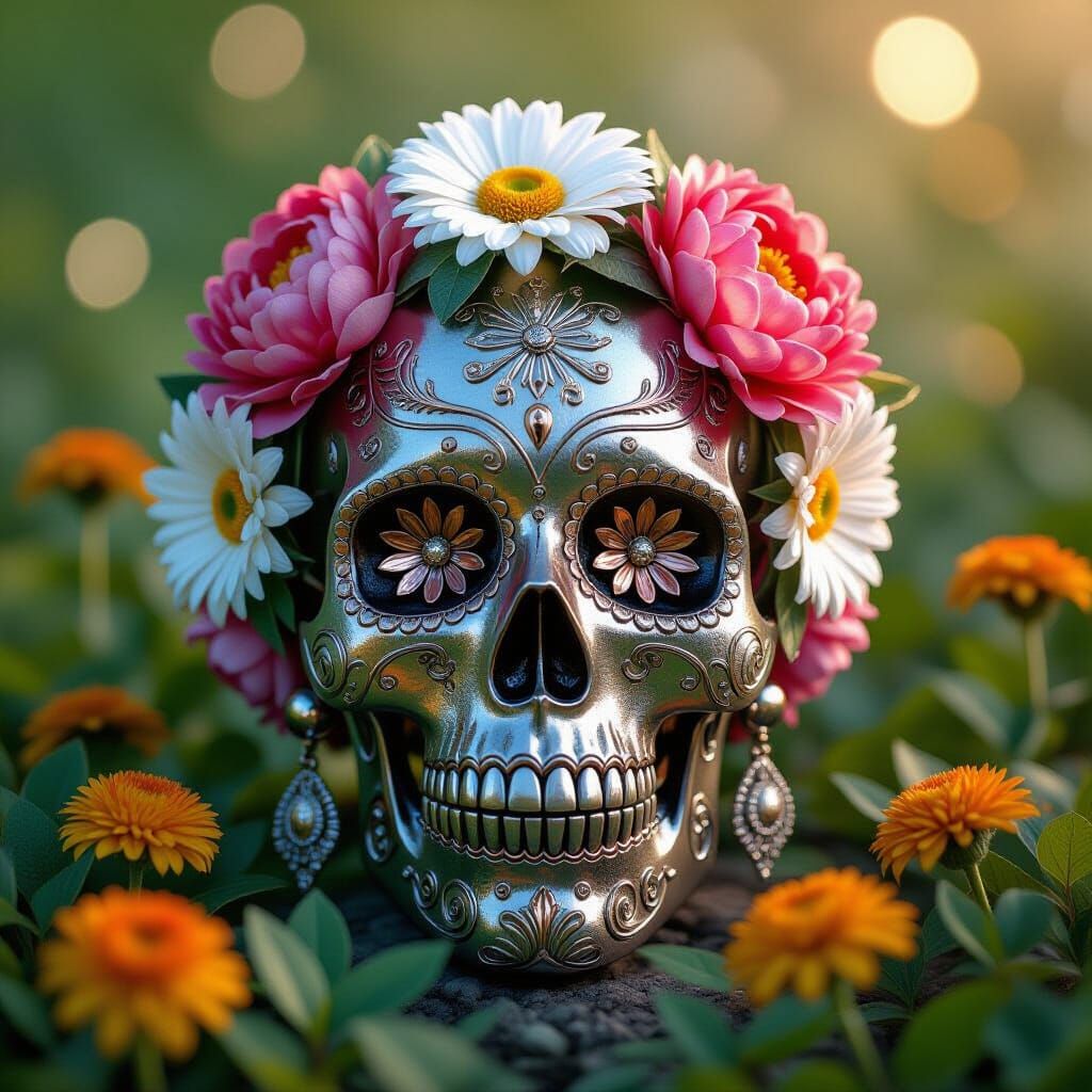 Ornate Metal Sugar Skull with Flowers in Hyperrealism