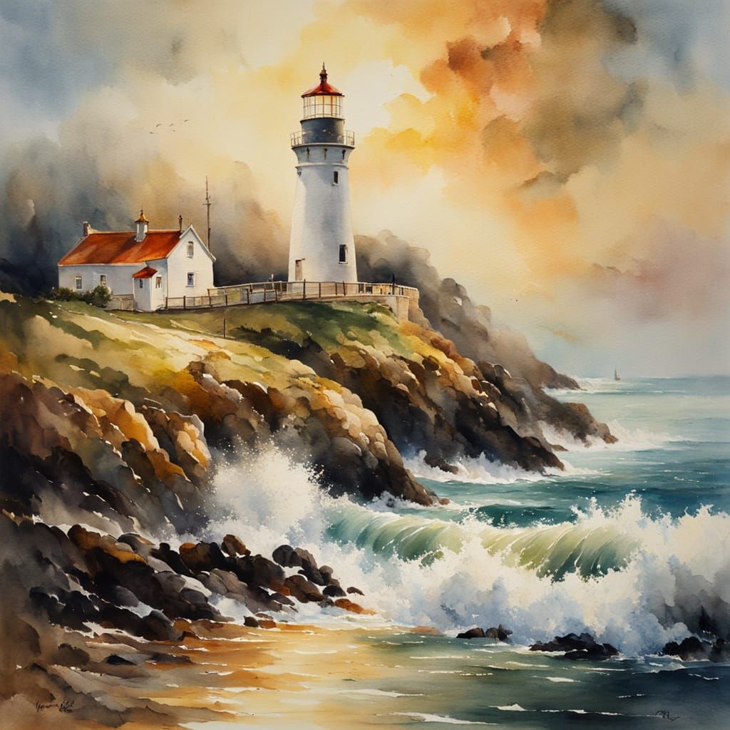 Lighthouse Amidst Turbulent Waves in Expressive Watercolour