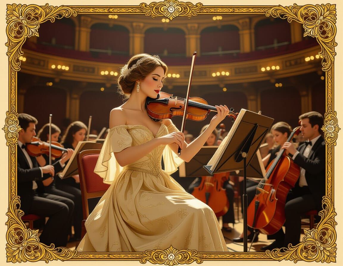 Elegant Woman Plays Triangle in Art Nouveau Style