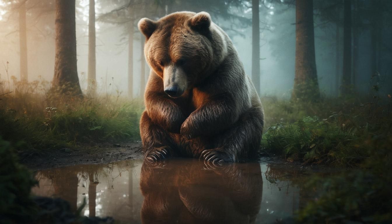 Kodiak Bear Portrait Reflecting in Misty Forest Puddle