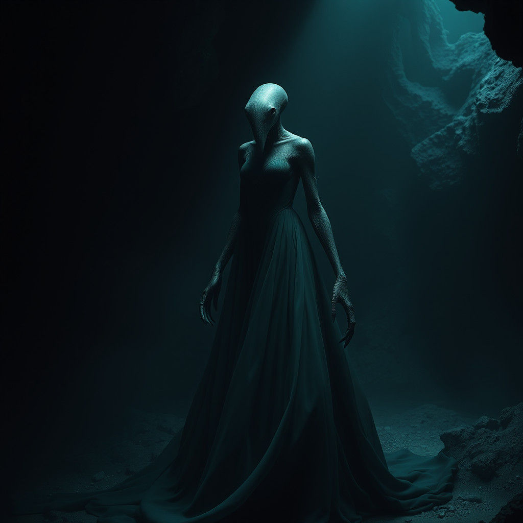 Eerie Lamprey Woman in Underwater Cavern