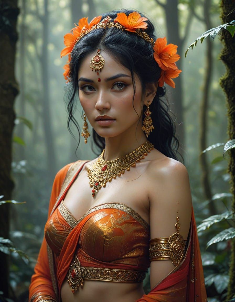 Sensual Mythic Woman in Lush Forest Setting