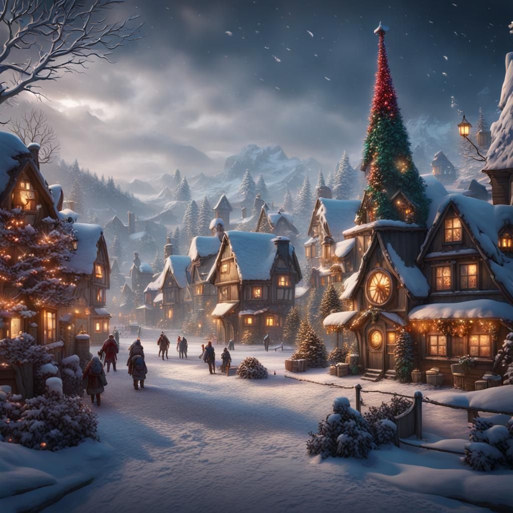 Snowy Christmas Village: Detailed Matte Painting