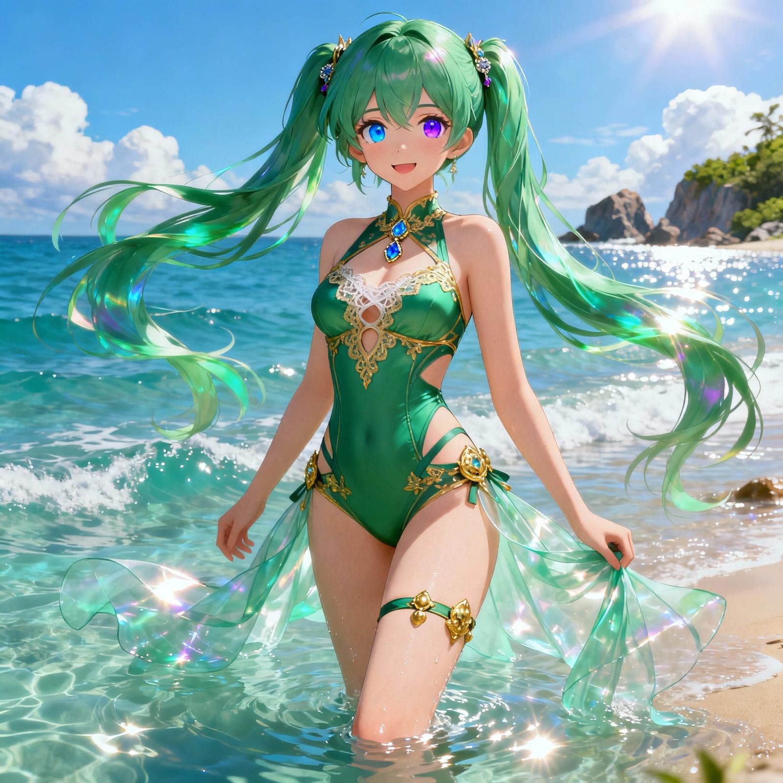 Anime Girl in Ocean: Green Hair, Fantasy Swimwear