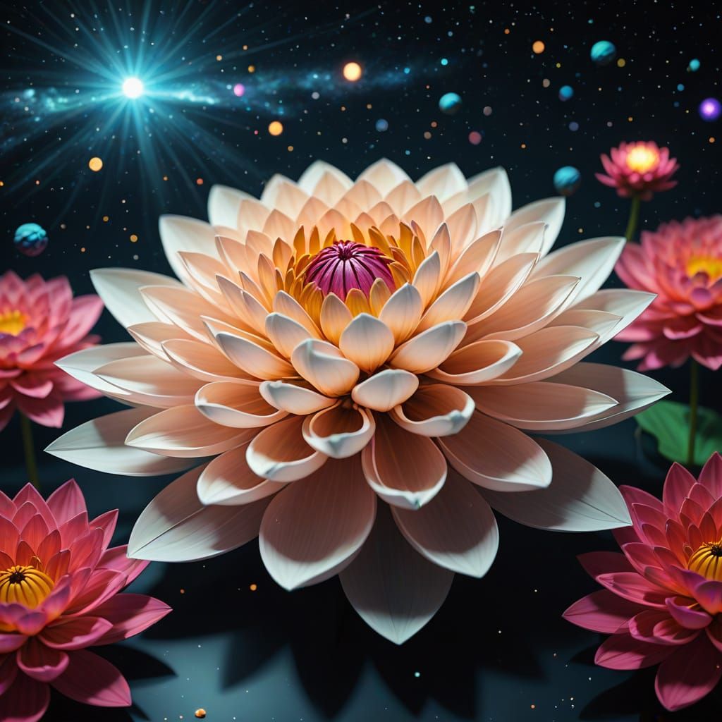 Dahlia and Lotus Flower in Cosmic Nebula