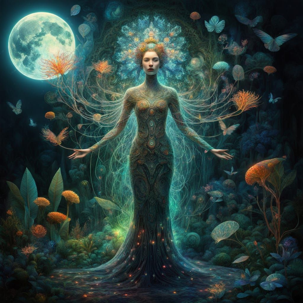 Surreal Flower Goddess in Bioluminescent Bloom
