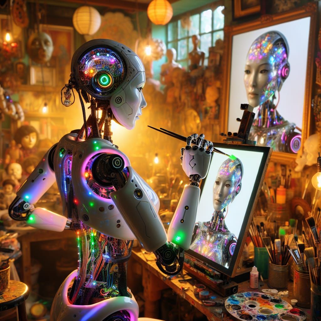 Robot Artist Paints Self-Portrait in Futuristic Studio