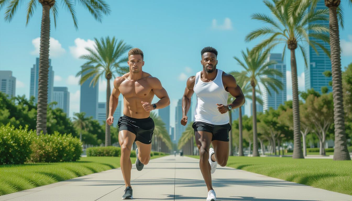 Muscular Men Running in Urban Park, Dynamic Photo