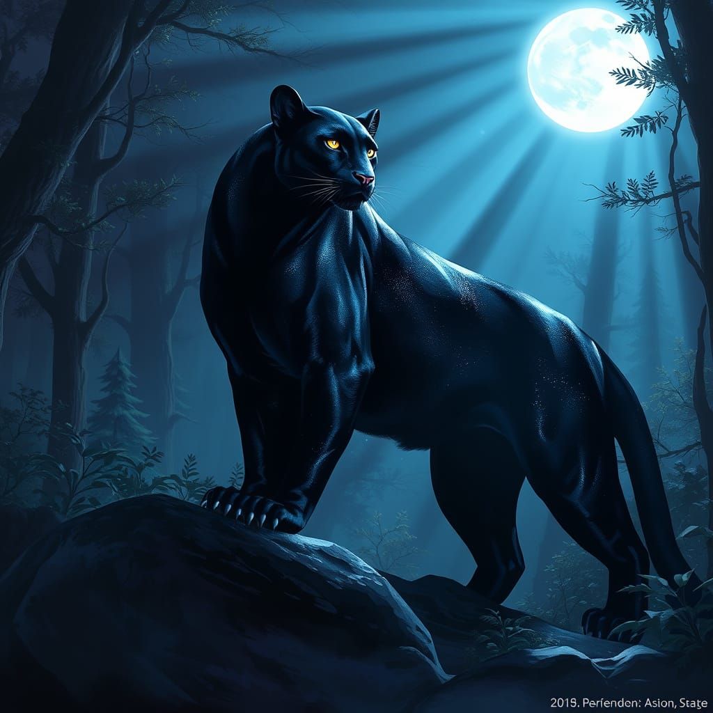 Black Panther in Moonlit Forest, Dreamy Art Style