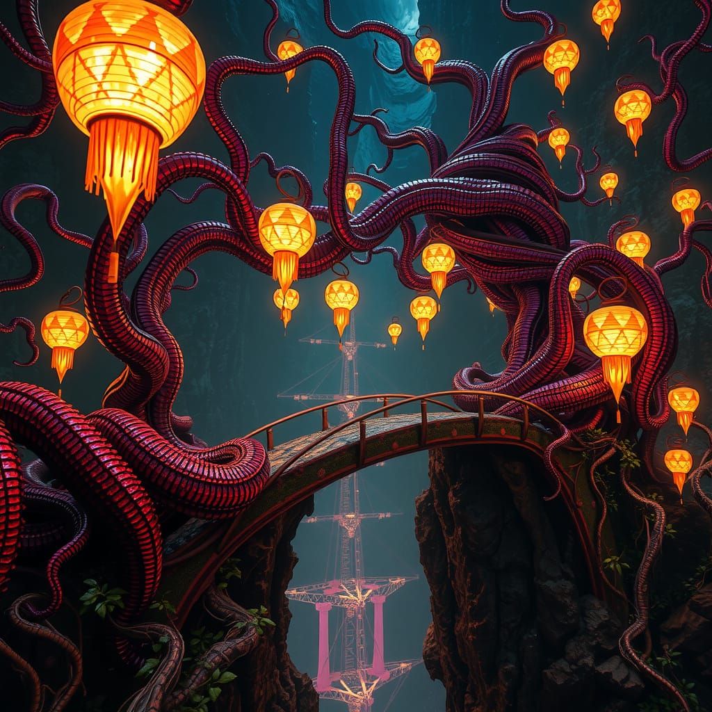 envision an eldritch Japanese zen bridge made of writhing tentacles and pulsating flesh,