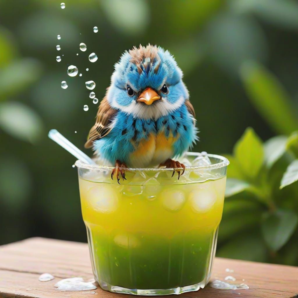 Cute Fluffy Bird Pooping in Beverage