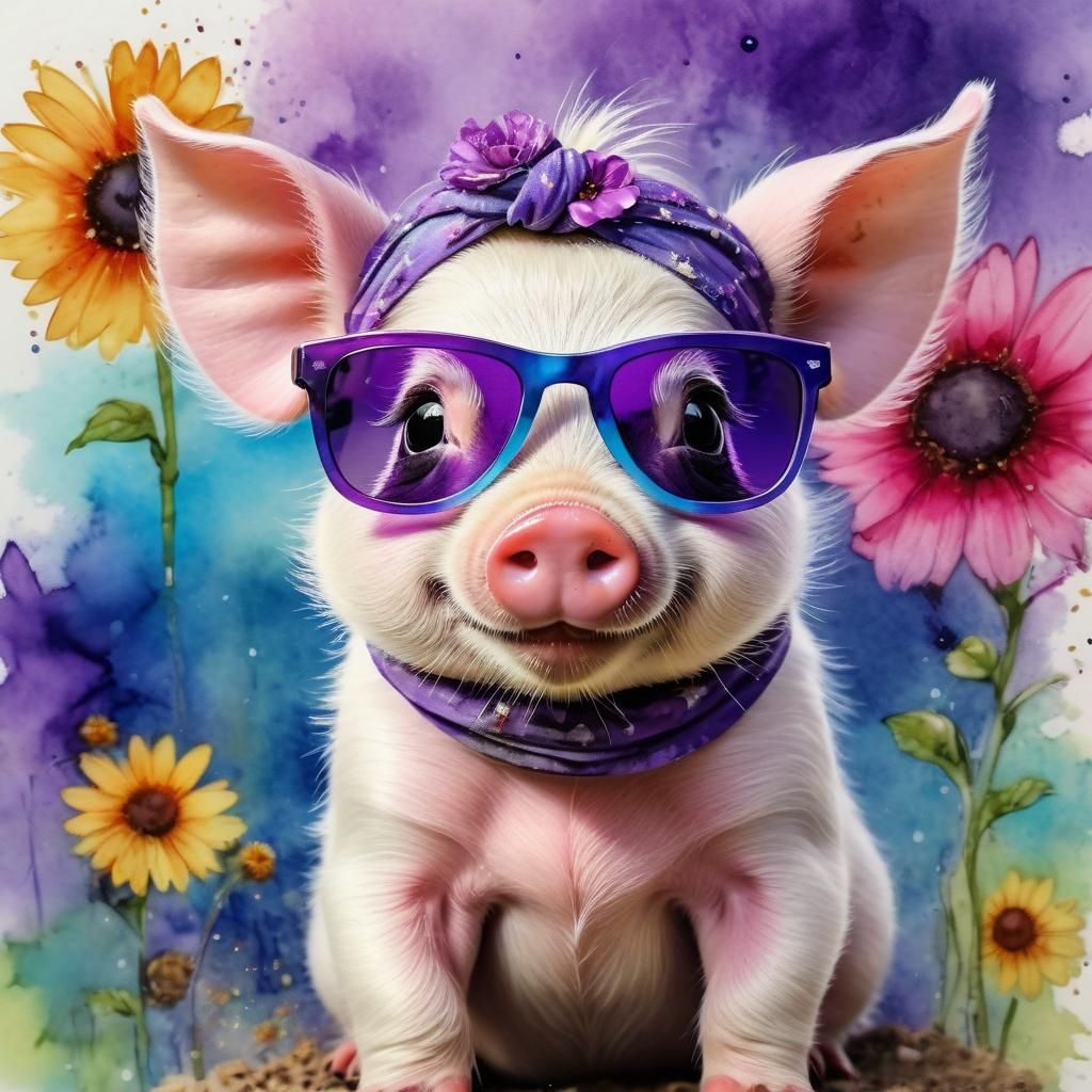 Rainbow Piglet with Shades in Watercolor Dreamscape