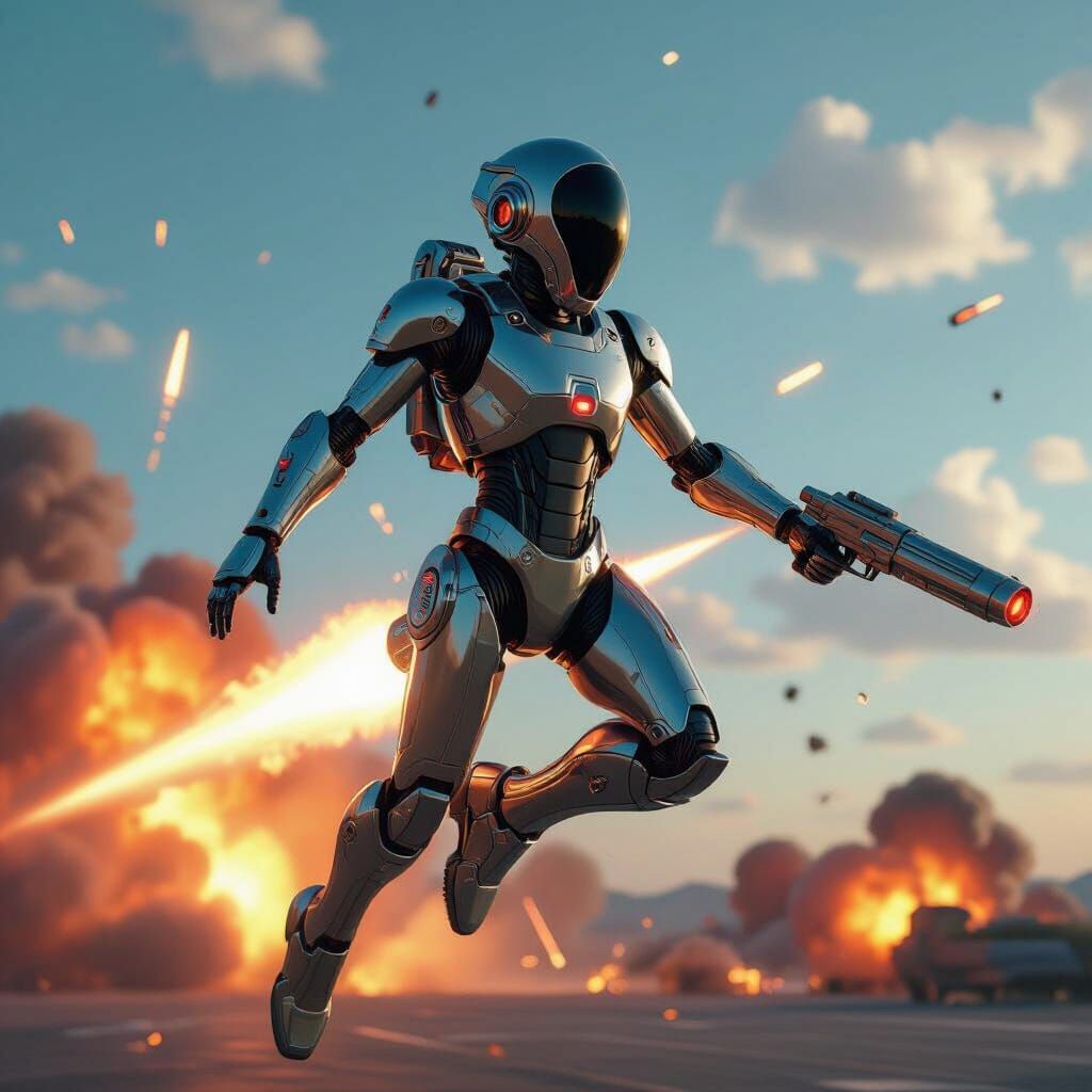 Retrofuturistic Android Soaring Through Explosions in 70s St...