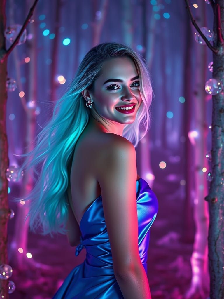 High-Fashion Model in Bioluminescent Hair and Blue Dress