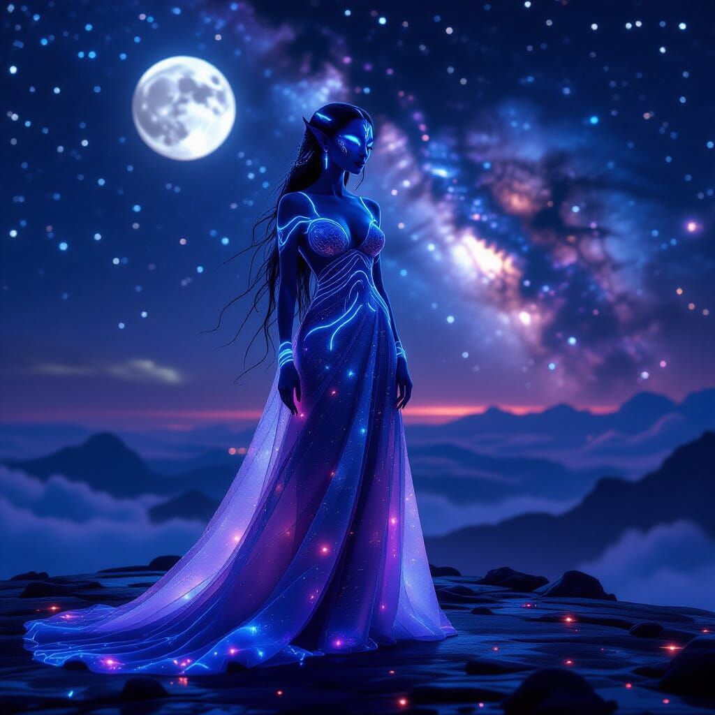 Bioluminescent Alien Woman on Obsidian Plateau