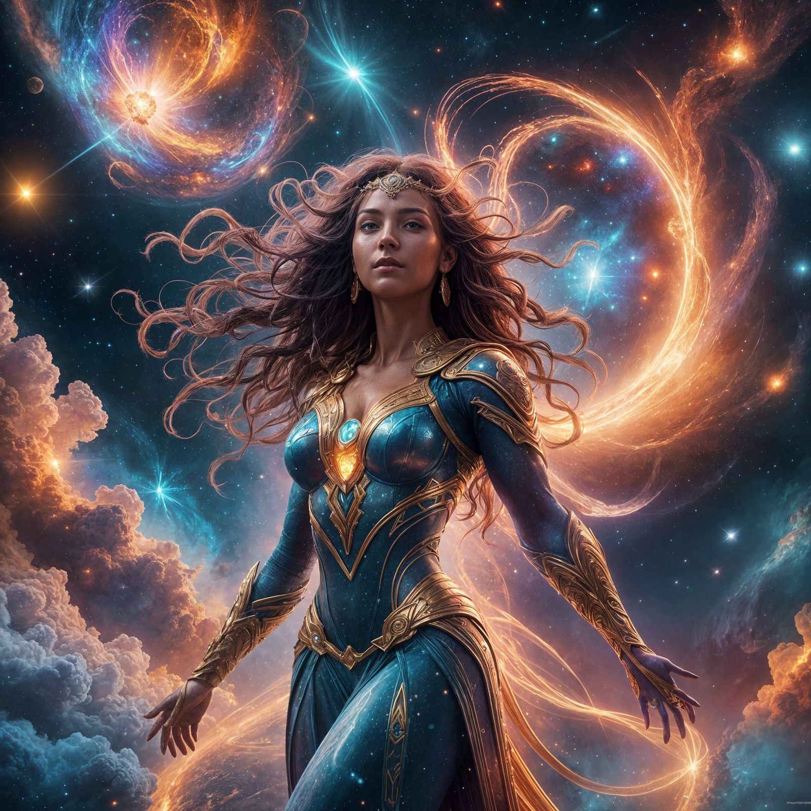 Glowing Goddess in Space: Detailed Fantasy Art