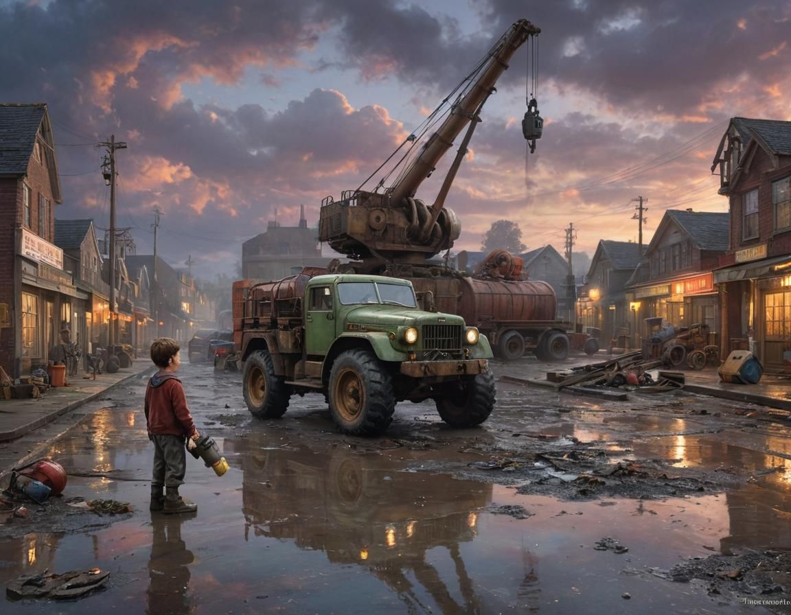 Dieselpunk Port Scene with Boy and Toy Car