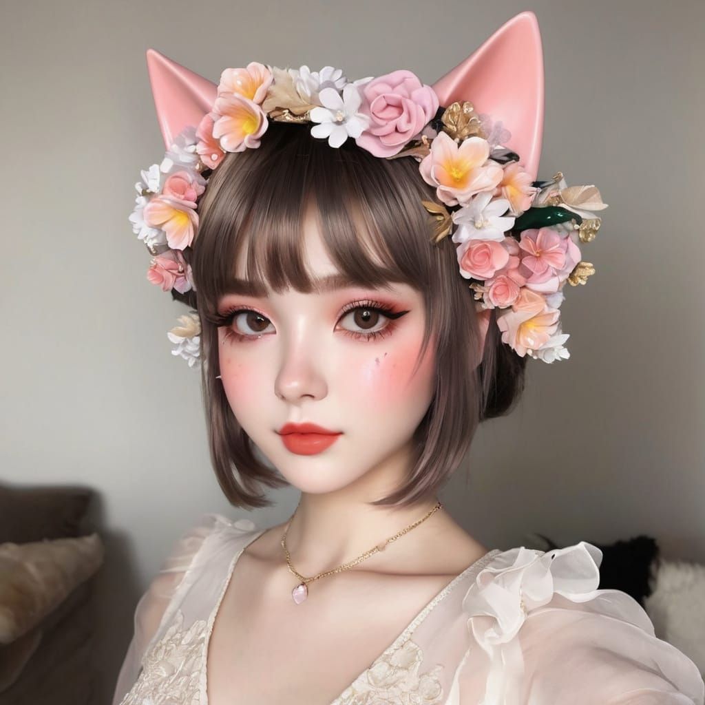 Neko Girl Ceramic Vase with Flowers