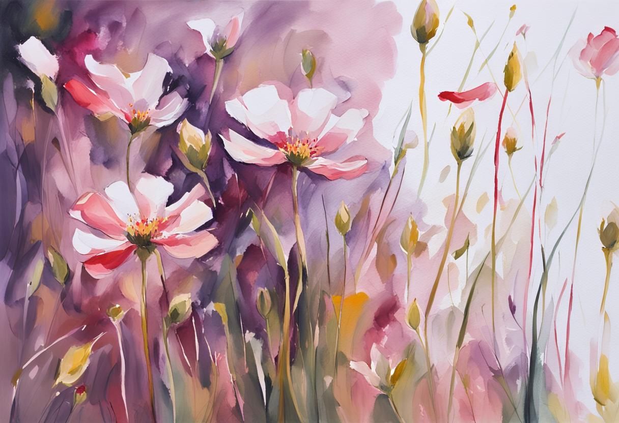 Impressionist Gouache Painting of Wild Flowers in Meadow