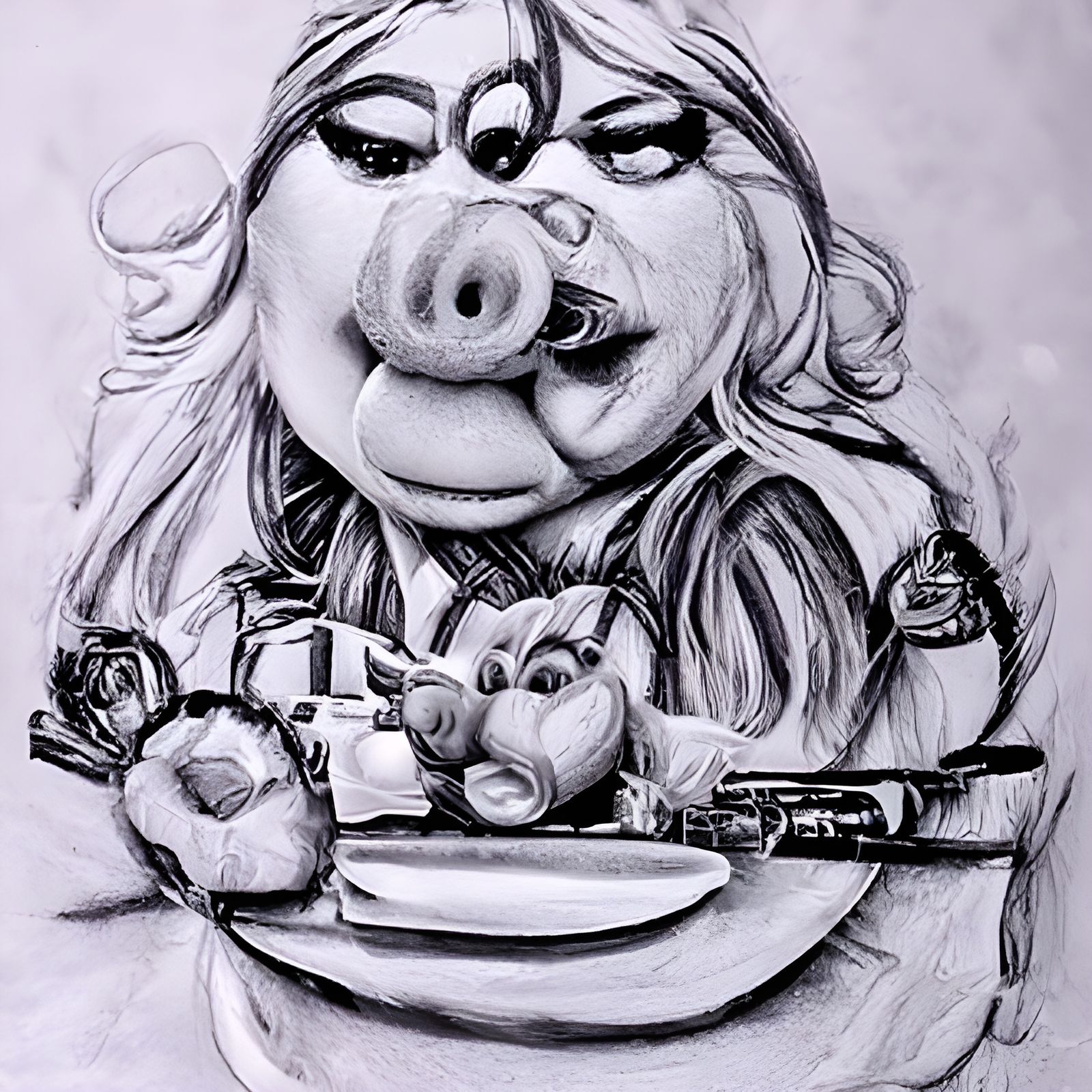 Miss Piggy Eating Ham: Detailed Pencil Sketch