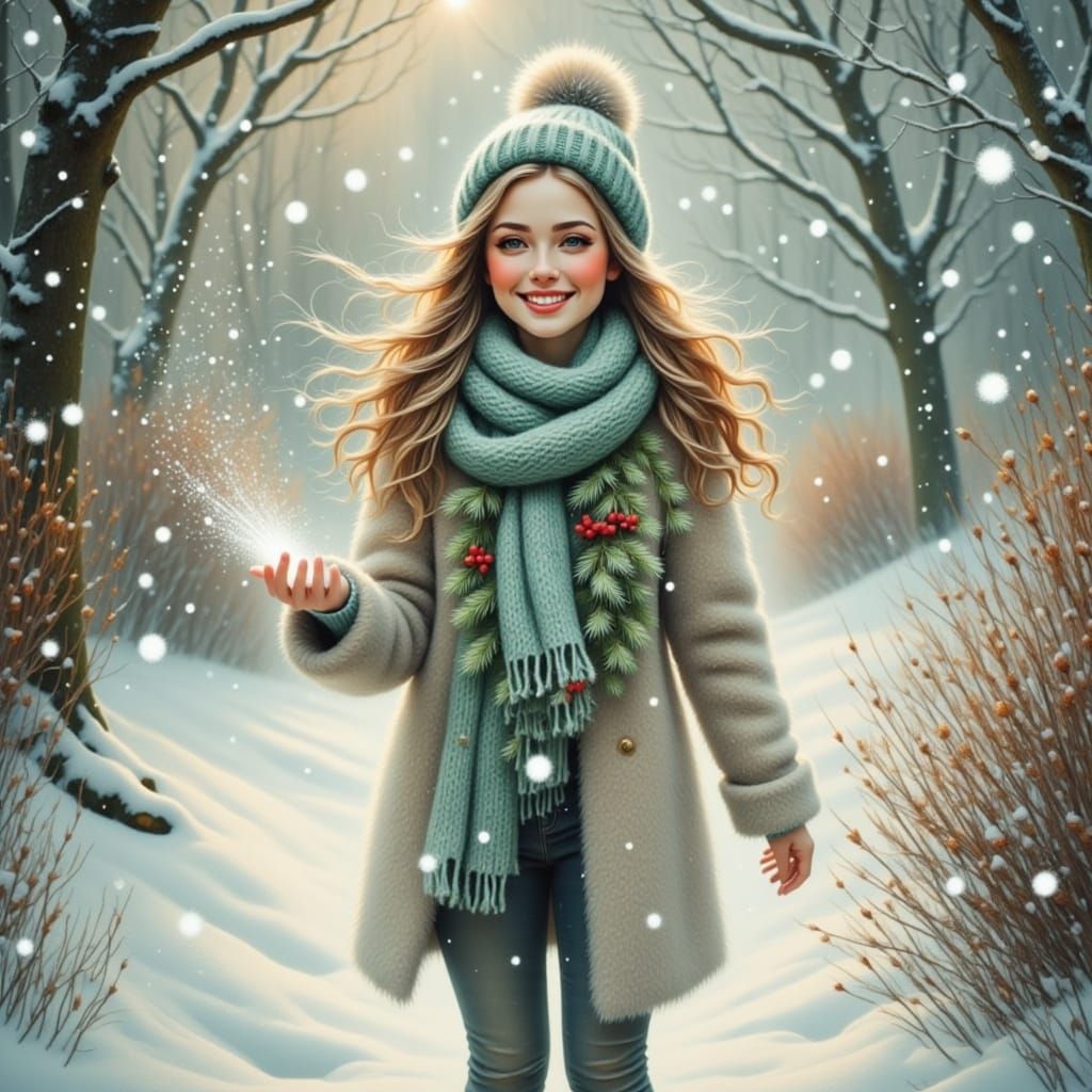 Woman Walking Through Snowy Garden in Teal Beanie