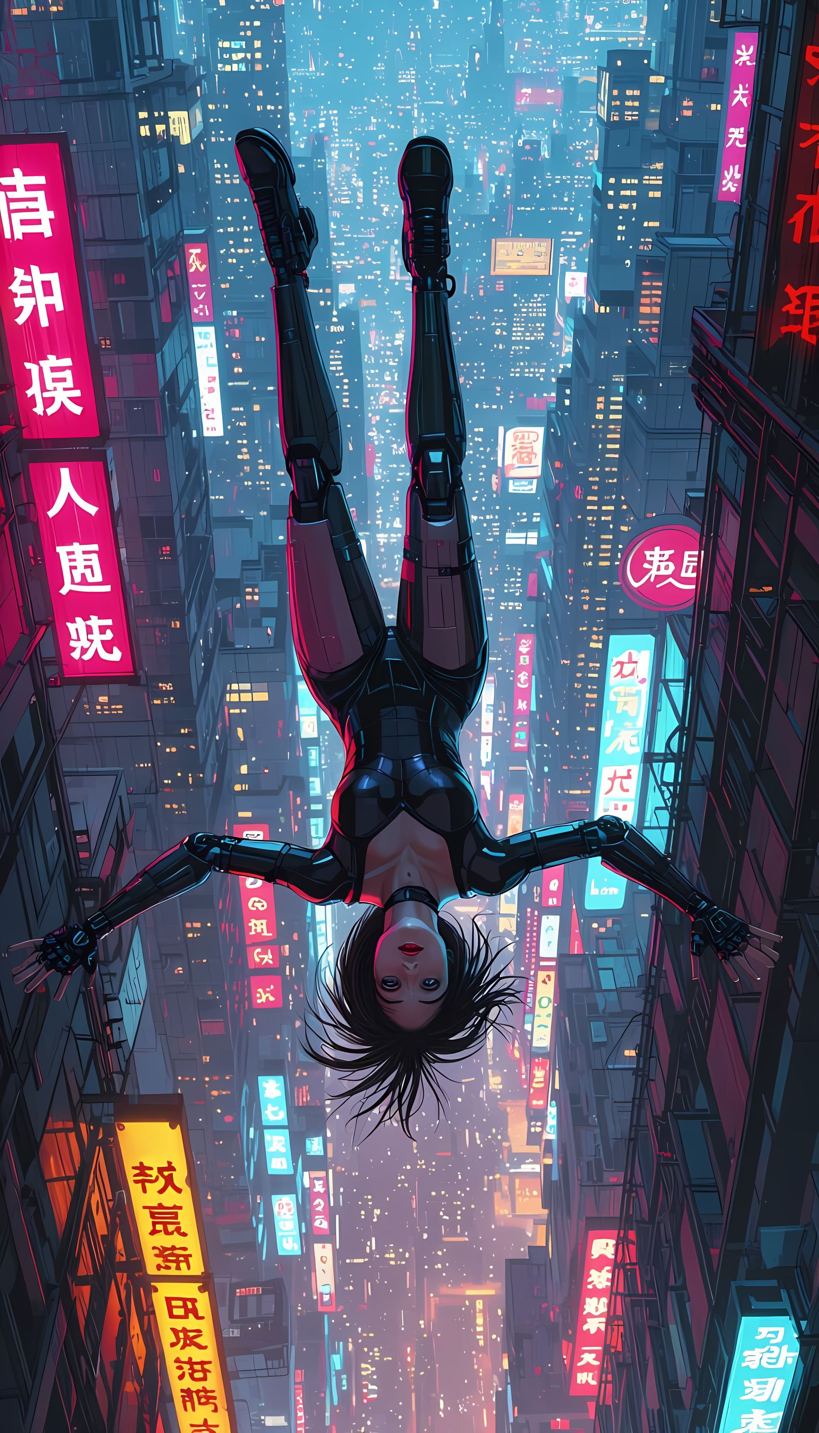 Cyberpunk Woman Plummets Through Neon Cityscape