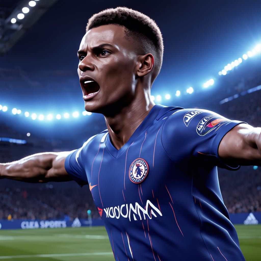 Ultra-detailed 4K poster of EA Sports FC 26. Futuristic and energetic design. Centered bold EA FC 26 logo glowing with e...