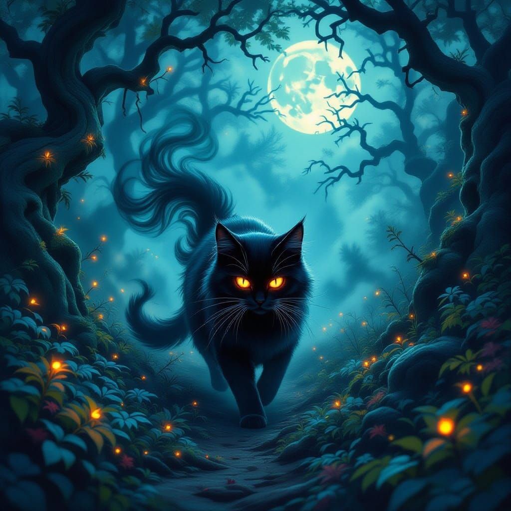 Mysterious Smoke Cat in Enchanted Forest