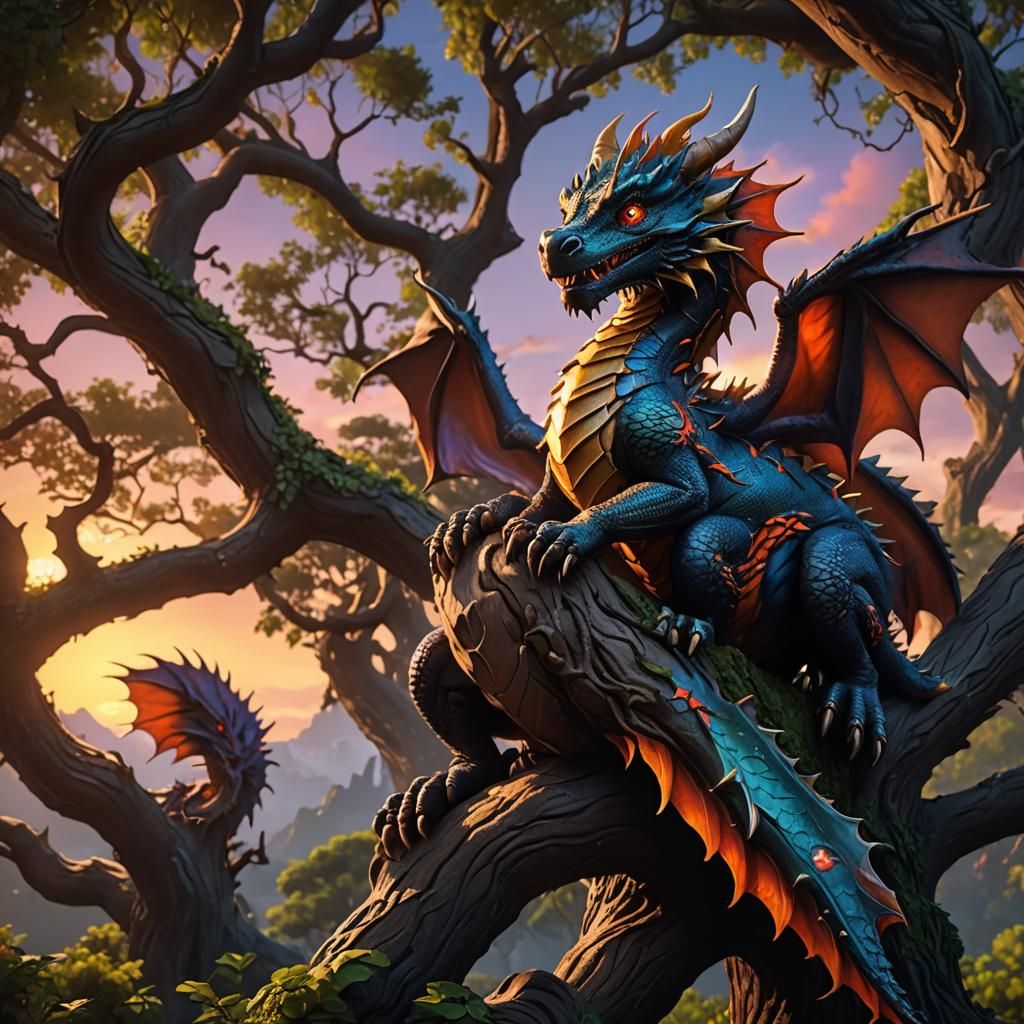 Cute Dragon on Tree at Sunset: Fantasy Art