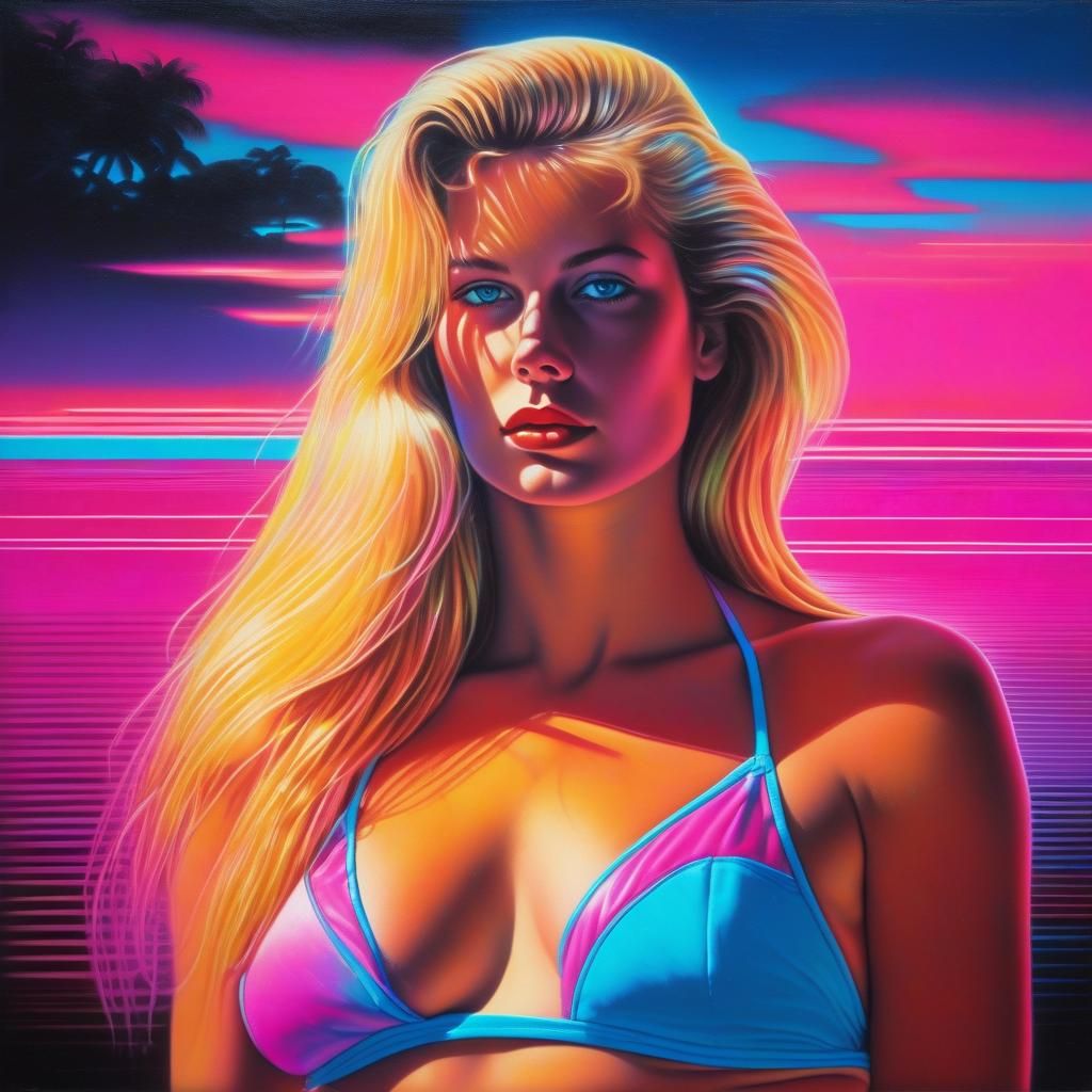 Voluptuous Blonde in Retrowave Synthwave Style
