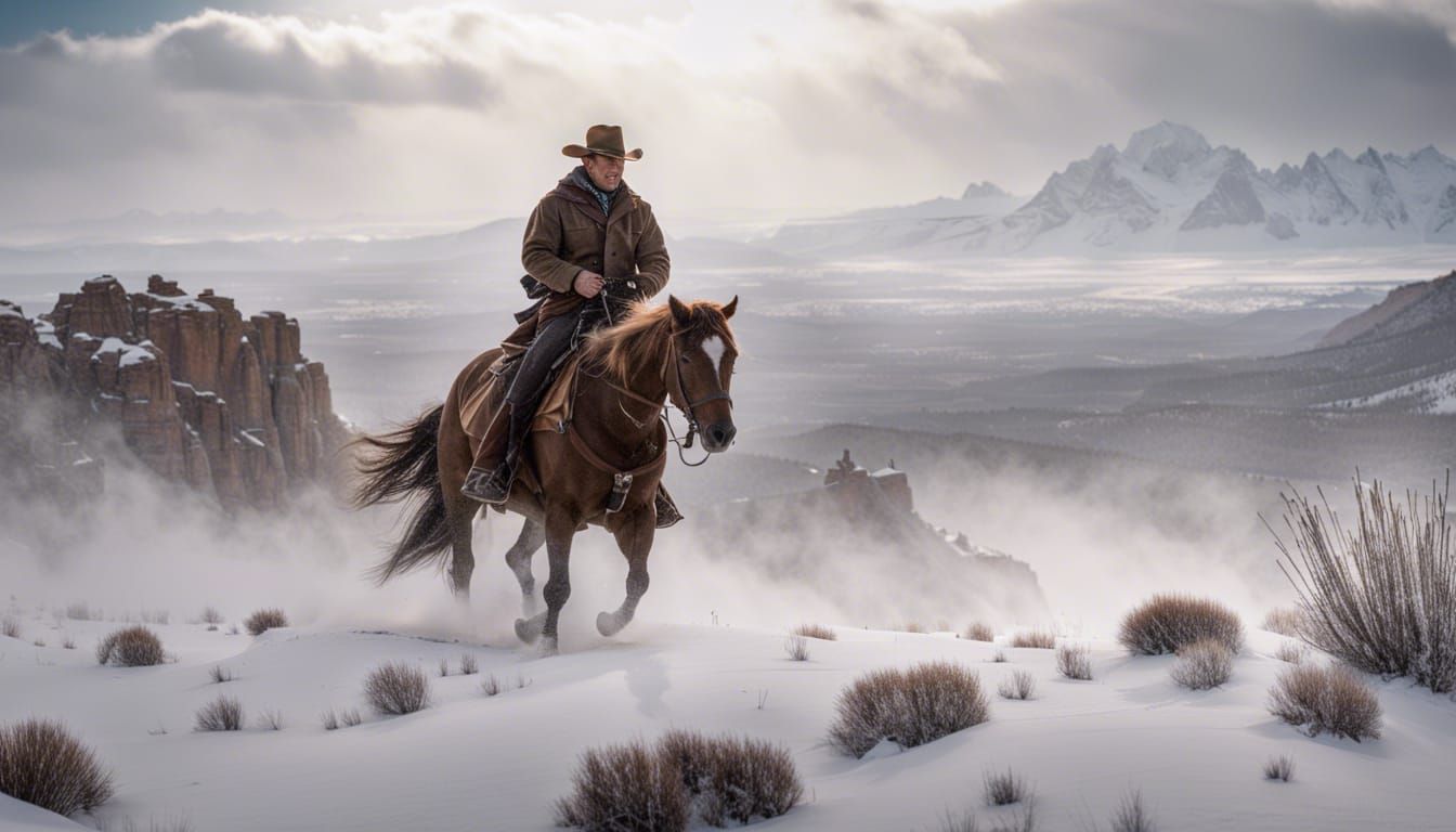 Cowboy Rides Snowy Prairie Through Blizzard