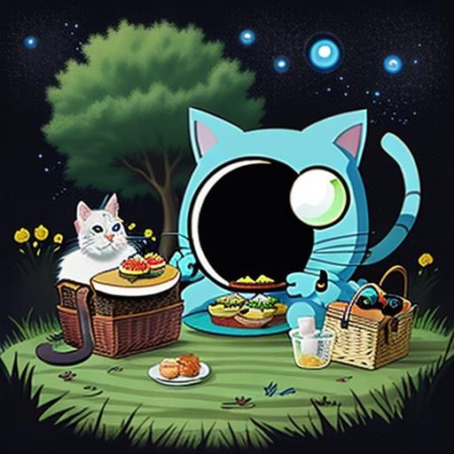A cartoon of a portal malfunction, with a spilled picnic basket and a bewildered cat alongside a surprised-looking alien...