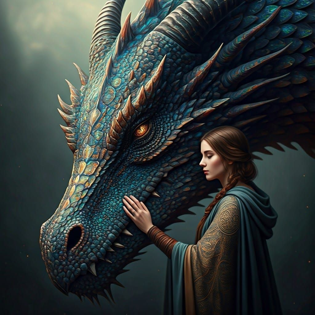 Woman Embraces Dragon in Renaissance Style