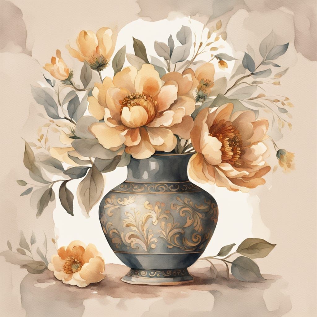 Elegant Watercolor Bouquet in Ornate Vase