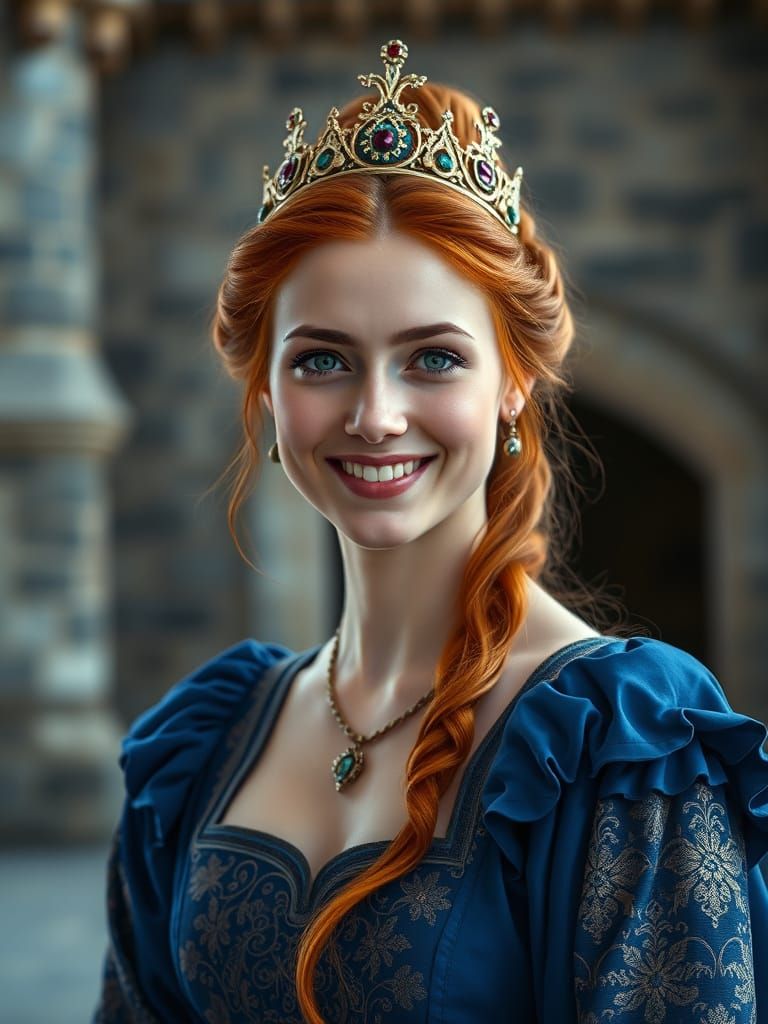 Medieval Queen in Elegant Blue Gown
