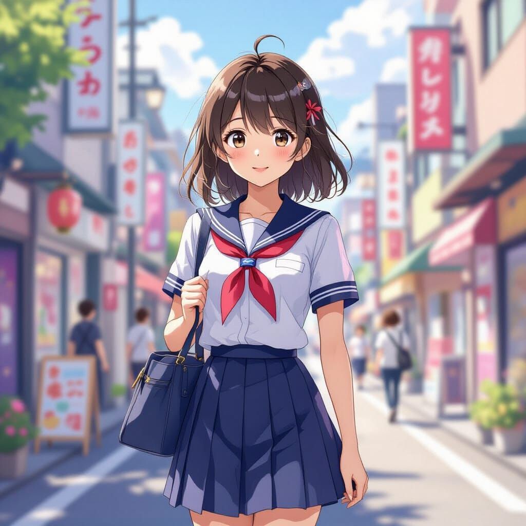 Anime Schoolgirl in Tokyo: Manga Style Illustration