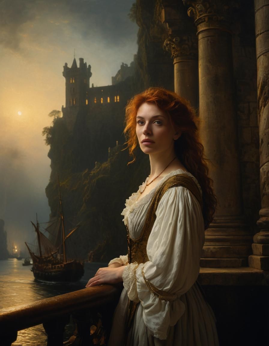 Woman Overlooking Ships: Renaissance Oil Painting