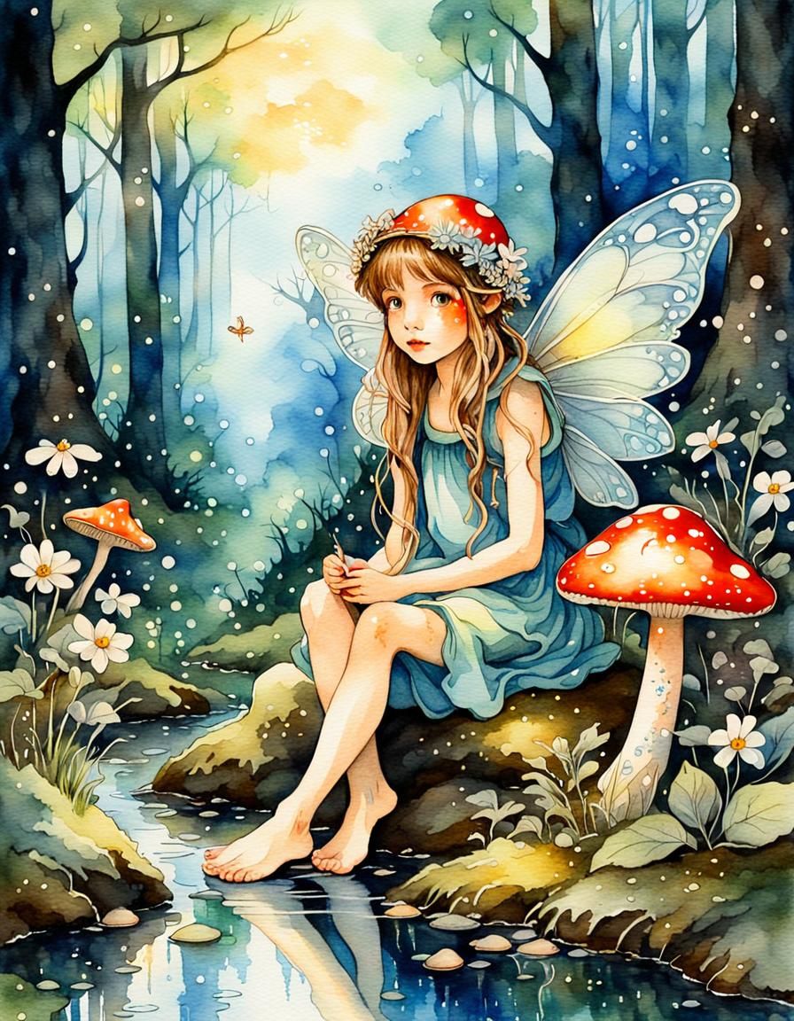 Luminescent Mushroom Fairy in Watercolor Style