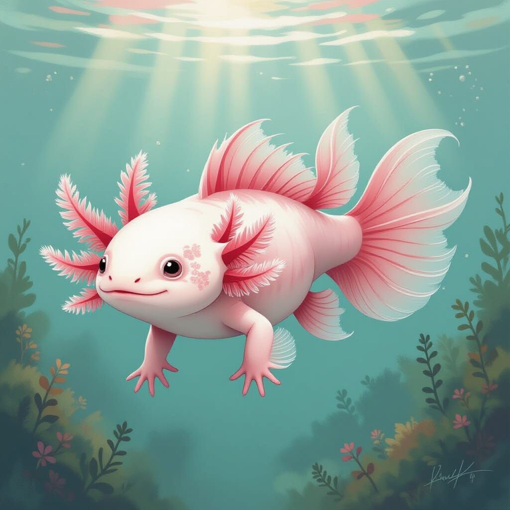 Whimsical Axolotl in Underwater Watercolor World