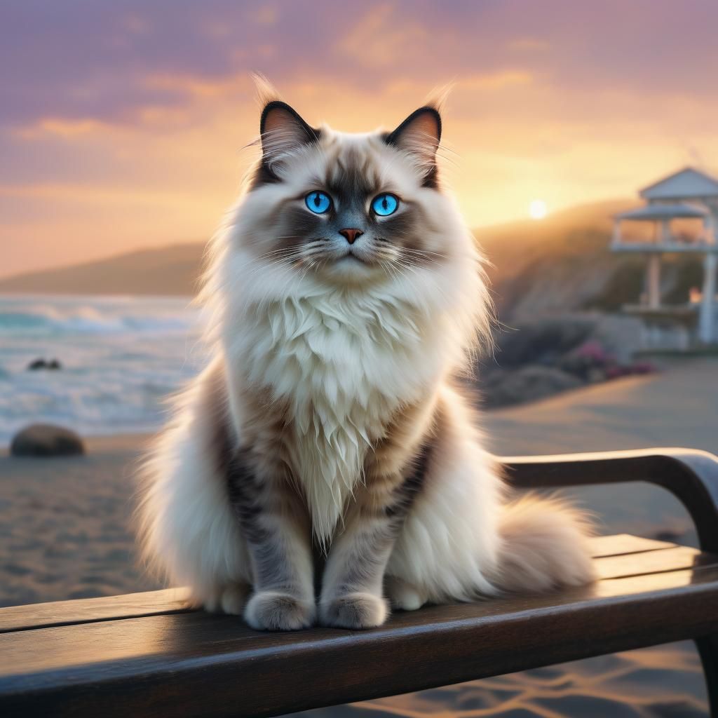 Luminescent Ragdoll Cat at Sunset, Hyperdetailed