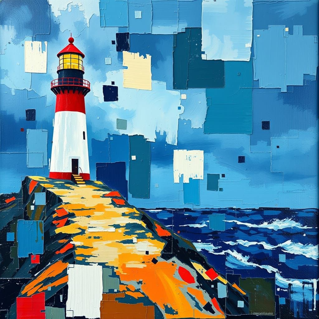 Stormy Lighthouse Landscape in Splash Art Textured Impressio...