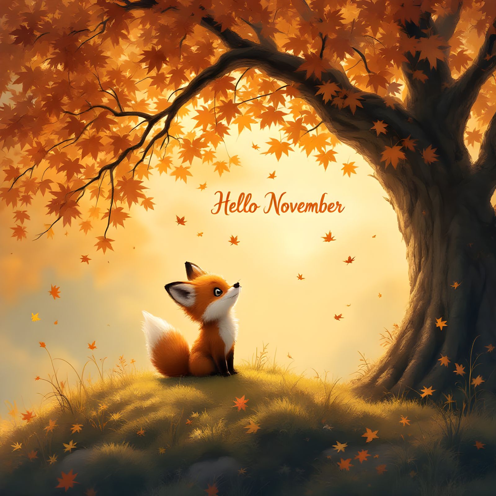 Sweet Fox Cub Greets November Under Maple Tree