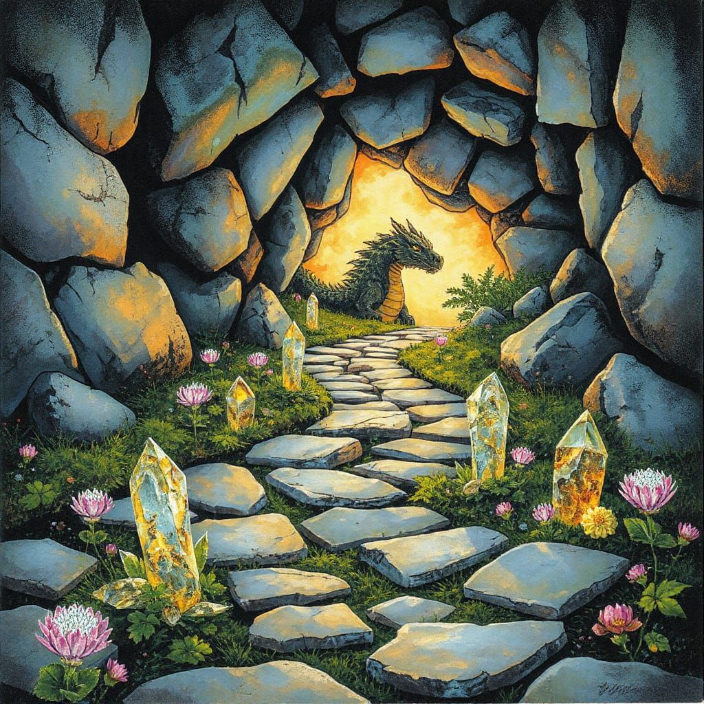 Fantasy Storybook Illustration of Glowing Cave Entrance
