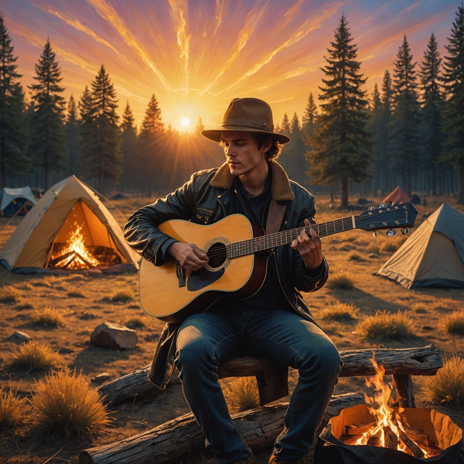 Golden Hour Guitarist: Astral Cosmic Illustration