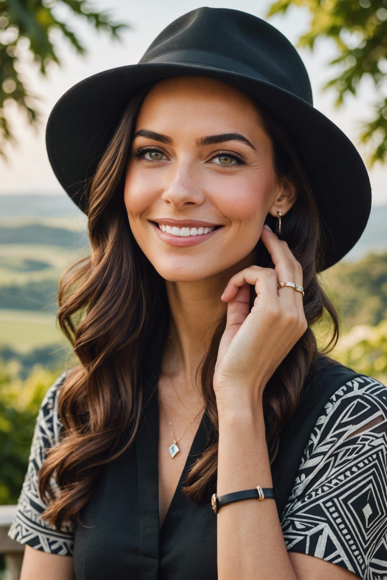 Smiling Woman in Black Hat Framed by Diamonds